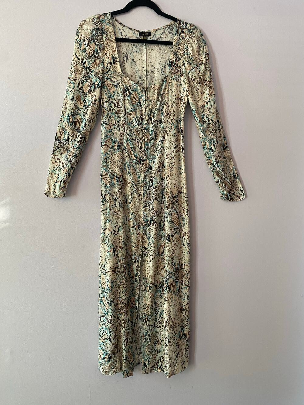 AFRM White Brown Blue Snake Print Midi Dress Square Neck Animal Women's size XS